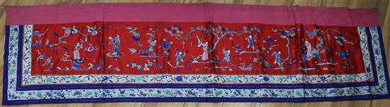 A Chinese red satin embroidered panel